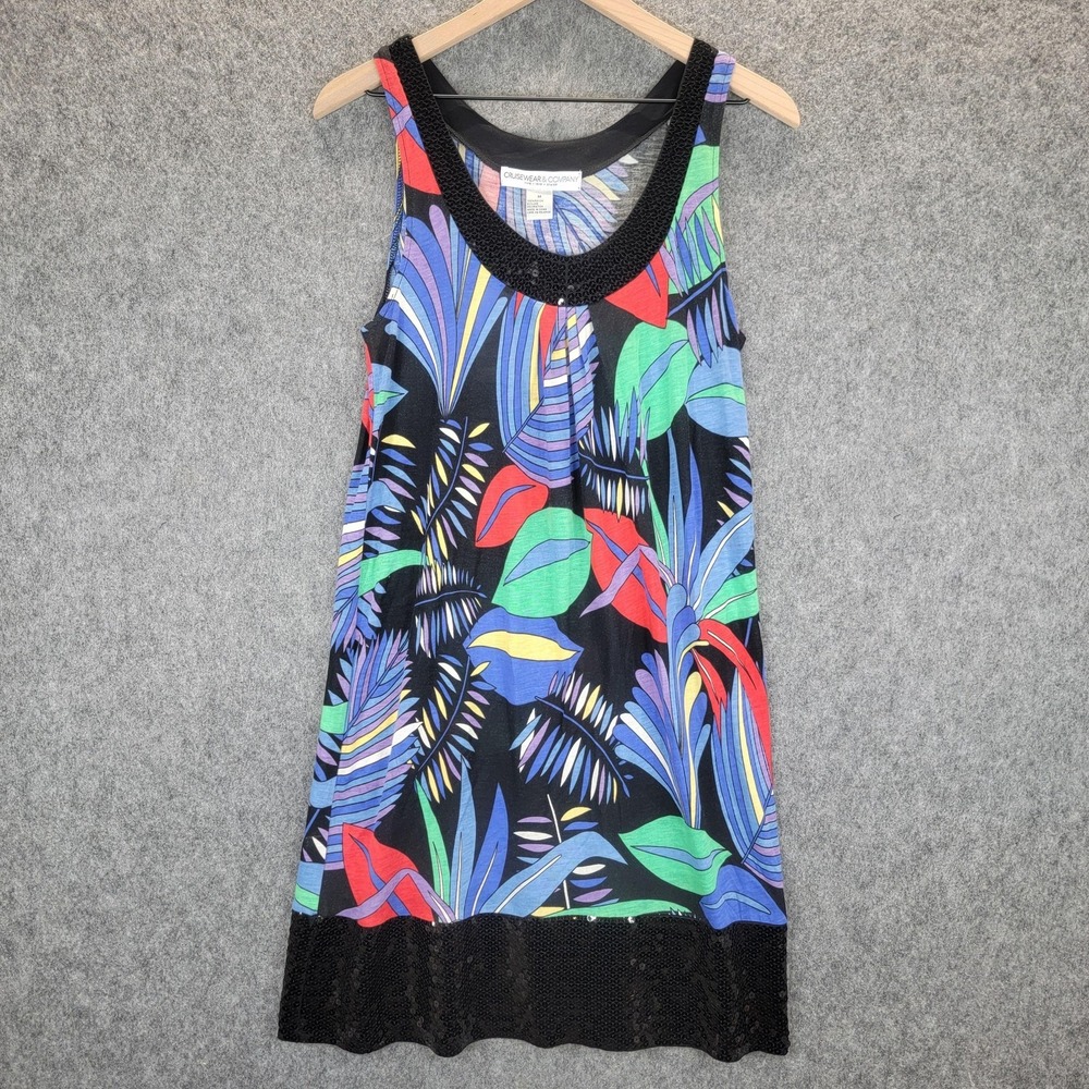 Cruisewear & Co Dress‎ Womens M Black Sequin Trim Tropical Vacation Resort Pool